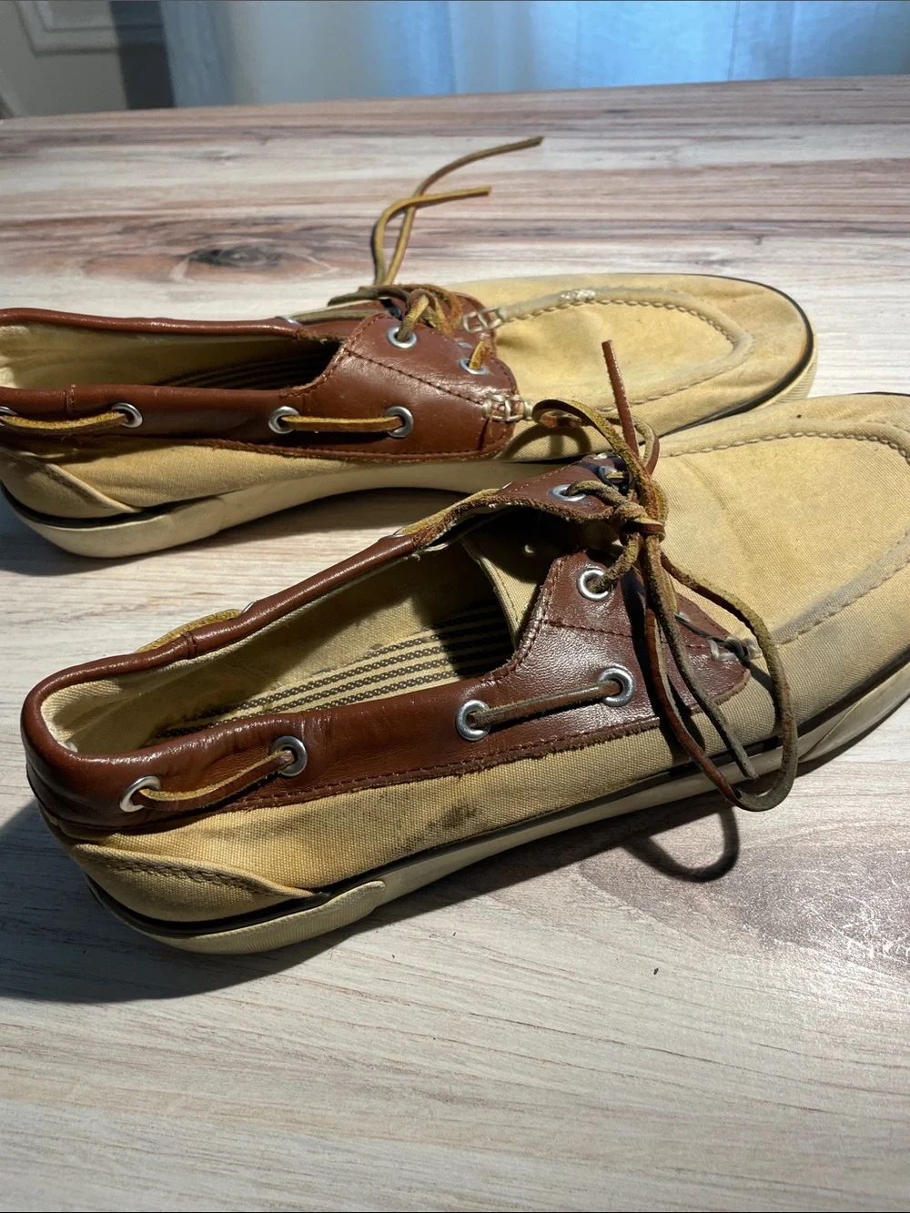 Polo by Ralph Lauren Tan Canvas with Brown Leather Trim Boat Shoes